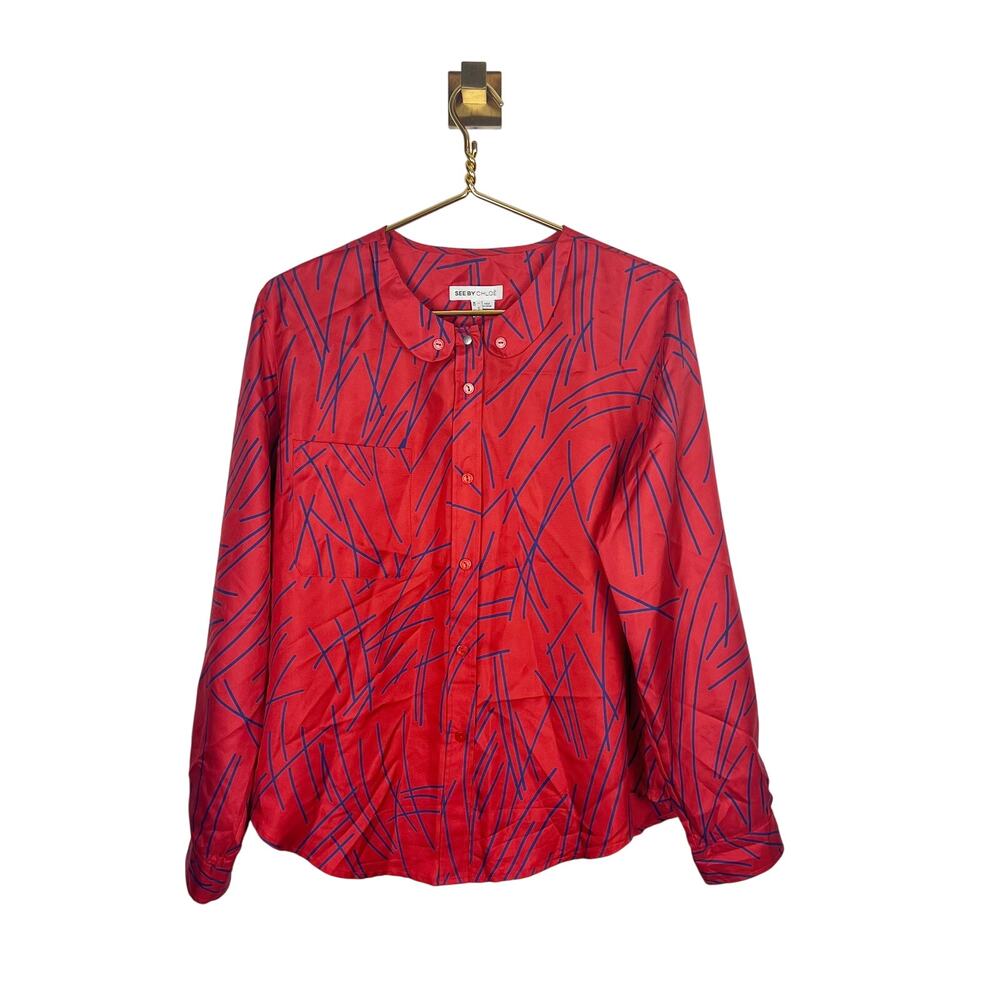 See by Chloé Red Silk Blouse Peter Pan Collar Button Down Long Sleeve US 6